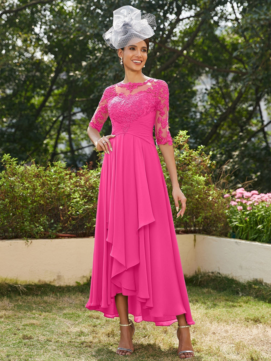 Vestidos Longos de Noite com Mangas Meio Comprimento e Gola Transparente Bordados em Estilo A-Line/Princesa