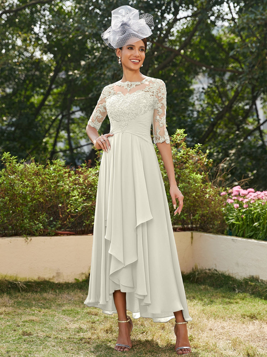 Vestidos Longos de Noite com Mangas Meio Comprimento e Gola Transparente Bordados em Estilo A-Line/Princesa