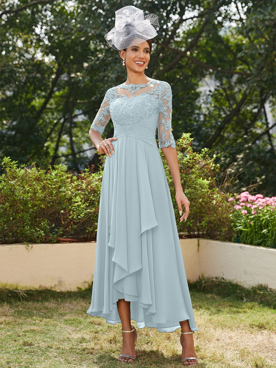 Vestidos Longos de Noite com Mangas Meio Comprimento e Gola Transparente Bordados em Estilo A-Line/Princesa