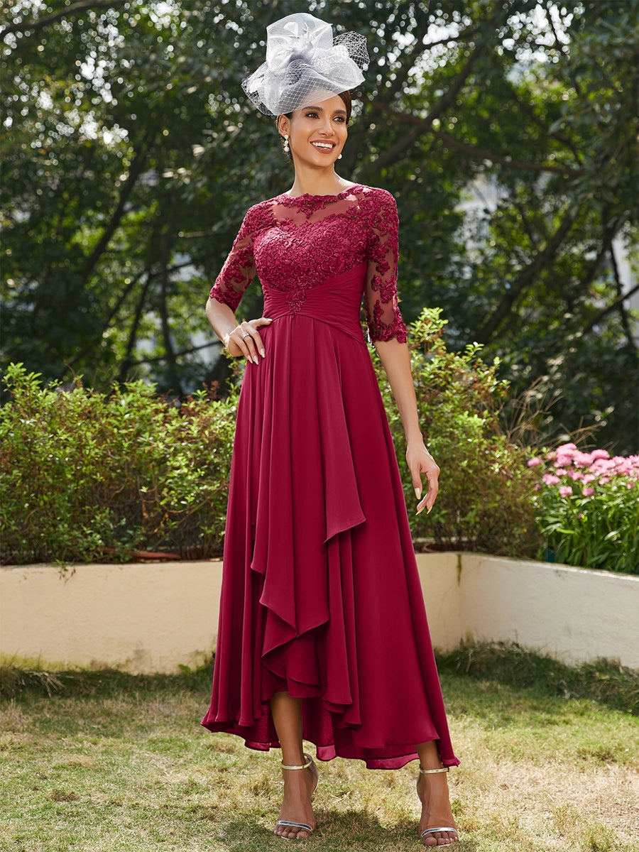 Vestidos Longos de Noite com Mangas Meio Comprimento e Gola Transparente Bordados em Estilo A-Line/Princesa