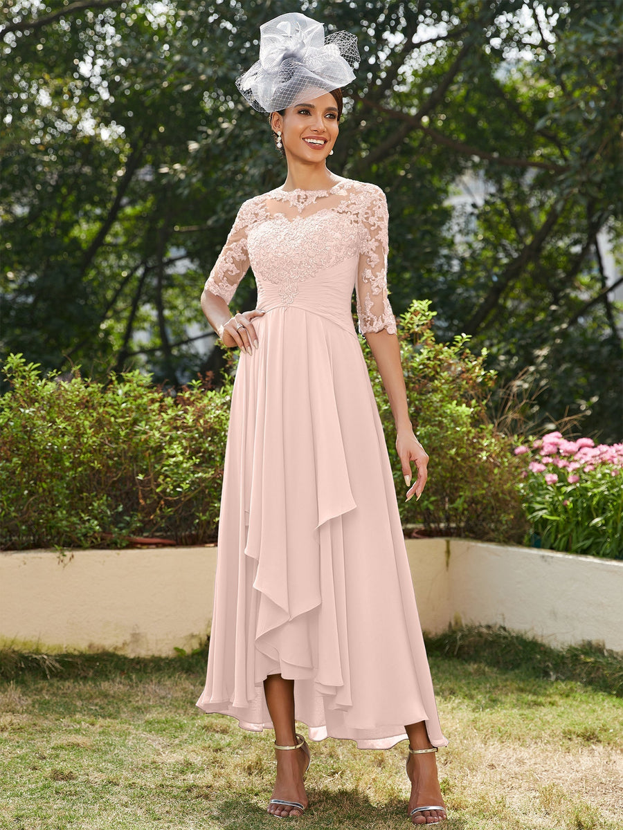 Vestidos Longos de Noite com Mangas Meio Comprimento e Gola Transparente Bordados em Estilo A-Line/Princesa