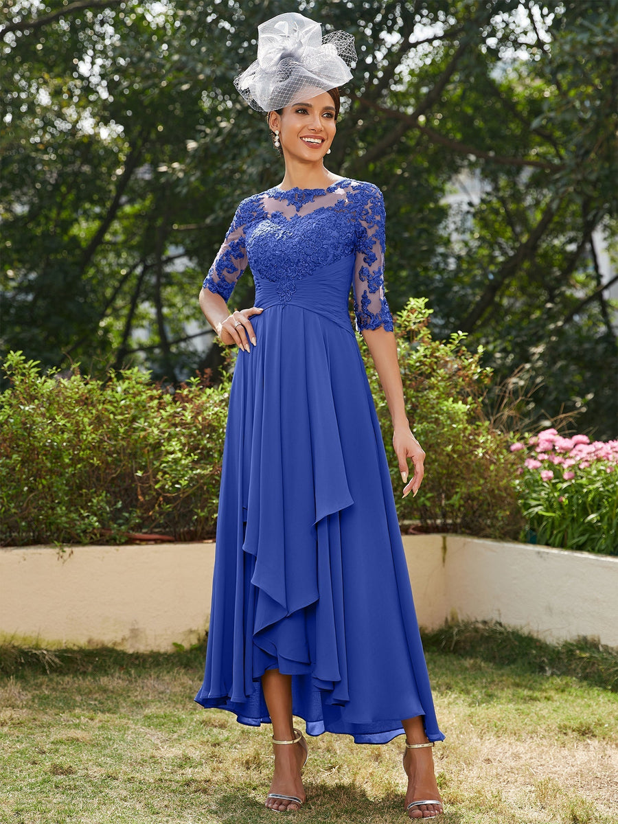 Vestidos Longos de Noite com Mangas Meio Comprimento e Gola Transparente Bordados em Estilo A-Line/Princesa