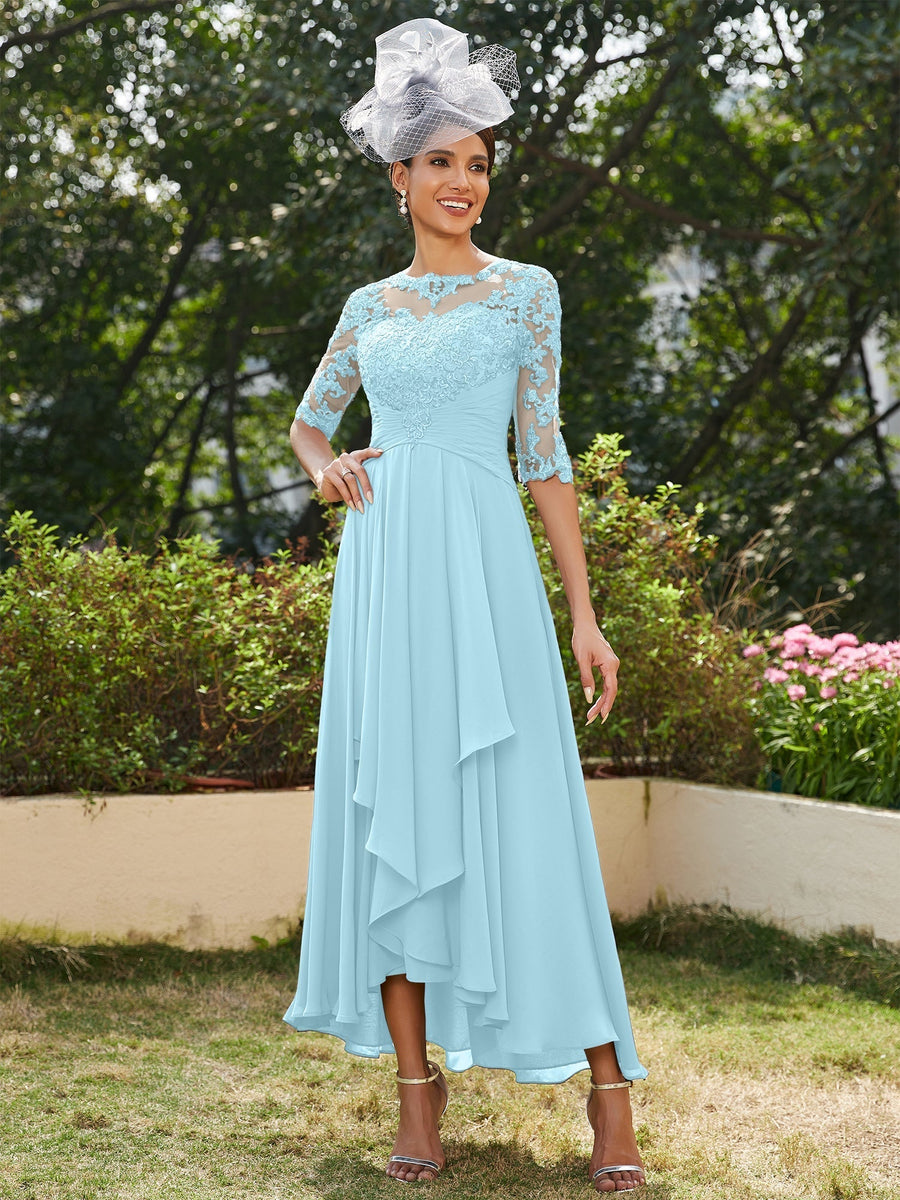 Vestidos Longos de Noite com Mangas Meio Comprimento e Gola Transparente Bordados em Estilo A-Line/Princesa