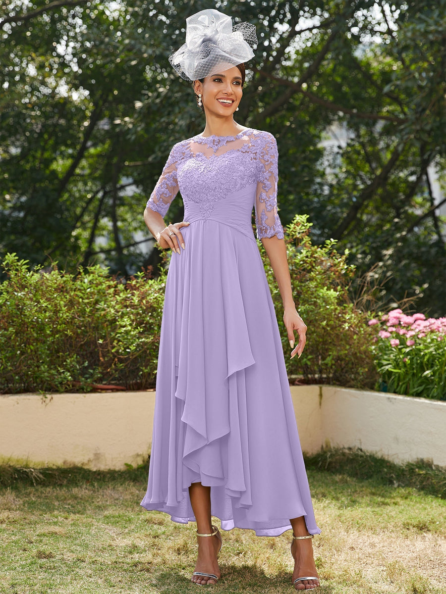 Vestidos Longos de Noite com Mangas Meio Comprimento e Gola Transparente Bordados em Estilo A-Line/Princesa