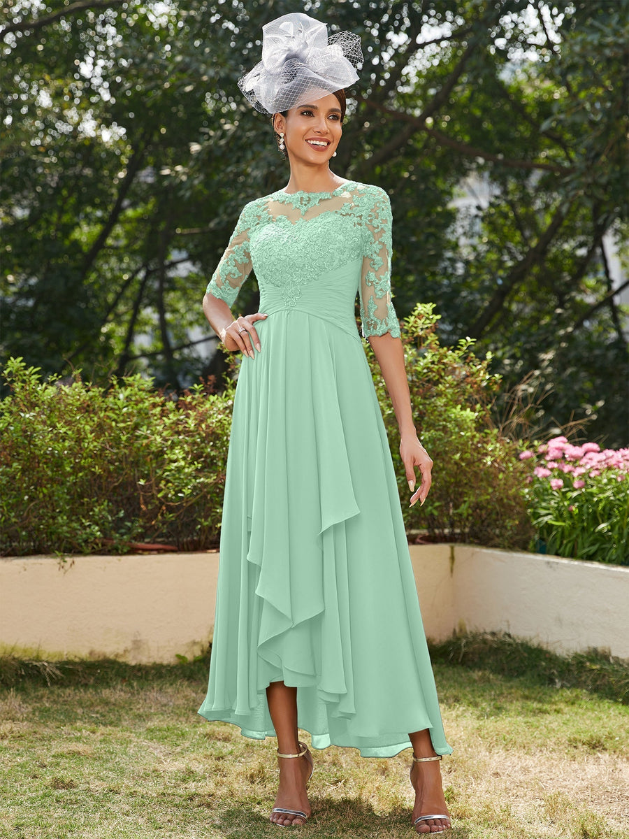 Vestidos Longos de Noite com Mangas Meio Comprimento e Gola Transparente Bordados em Estilo A-Line/Princesa