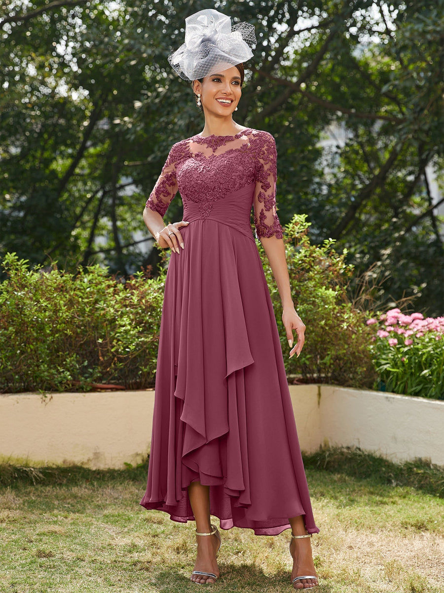 Vestidos Longos de Noite com Mangas Meio Comprimento e Gola Transparente Bordados em Estilo A-Line/Princesa