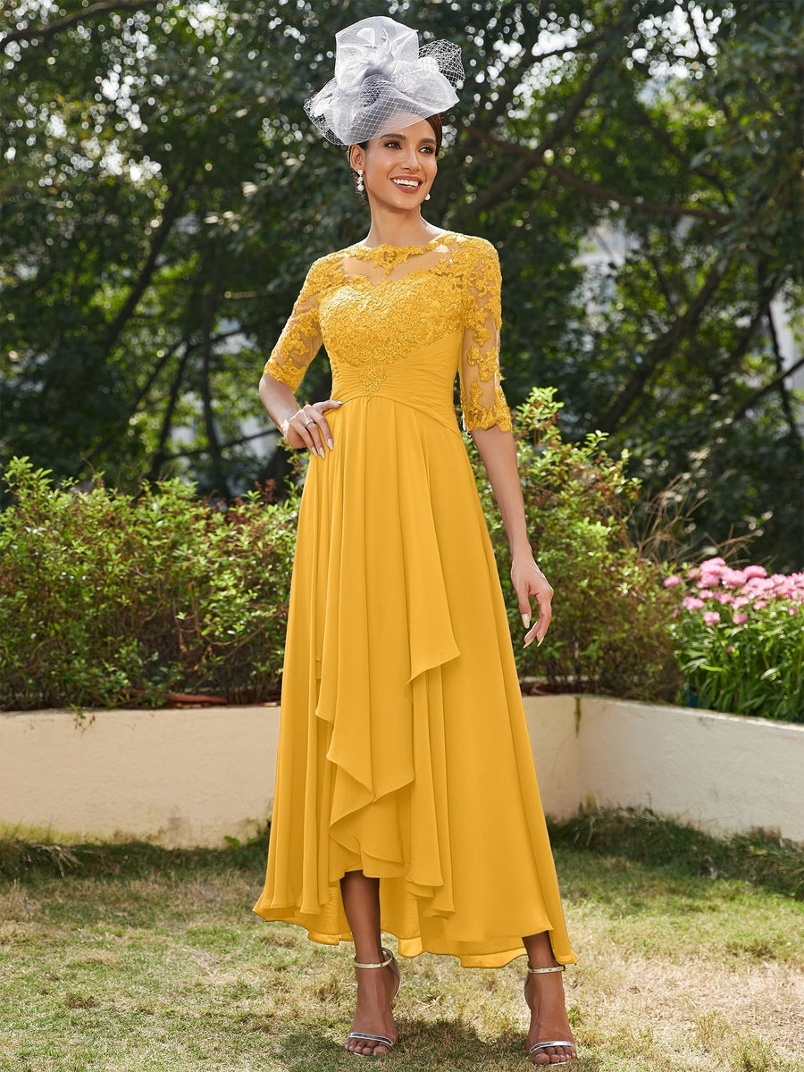 Vestidos Longos de Noite com Mangas Meio Comprimento e Gola Transparente Bordados em Estilo A-Line/Princesa