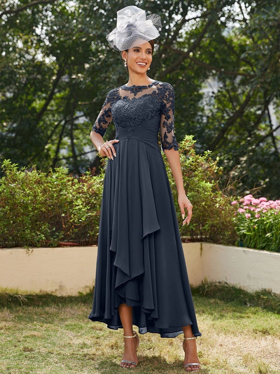 Vestidos Longos de Noite com Mangas Meio Comprimento e Gola Transparente Bordados em Estilo A-Line/Princesa
