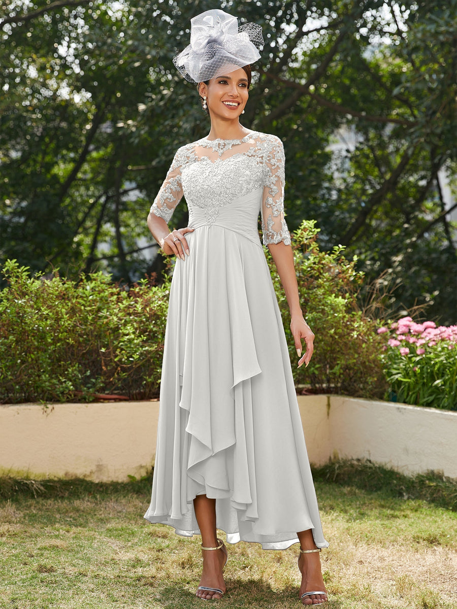 Vestidos Longos de Noite com Mangas Meio Comprimento e Gola Transparente Bordados em Estilo A-Line/Princesa