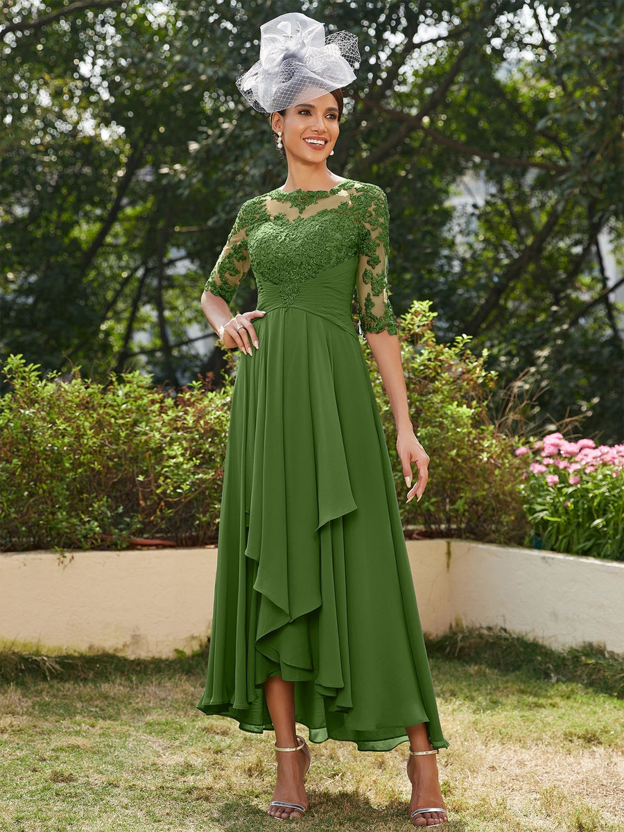 Vestidos Longos de Noite com Mangas Meio Comprimento e Gola Transparente Bordados em Estilo A-Line/Princesa