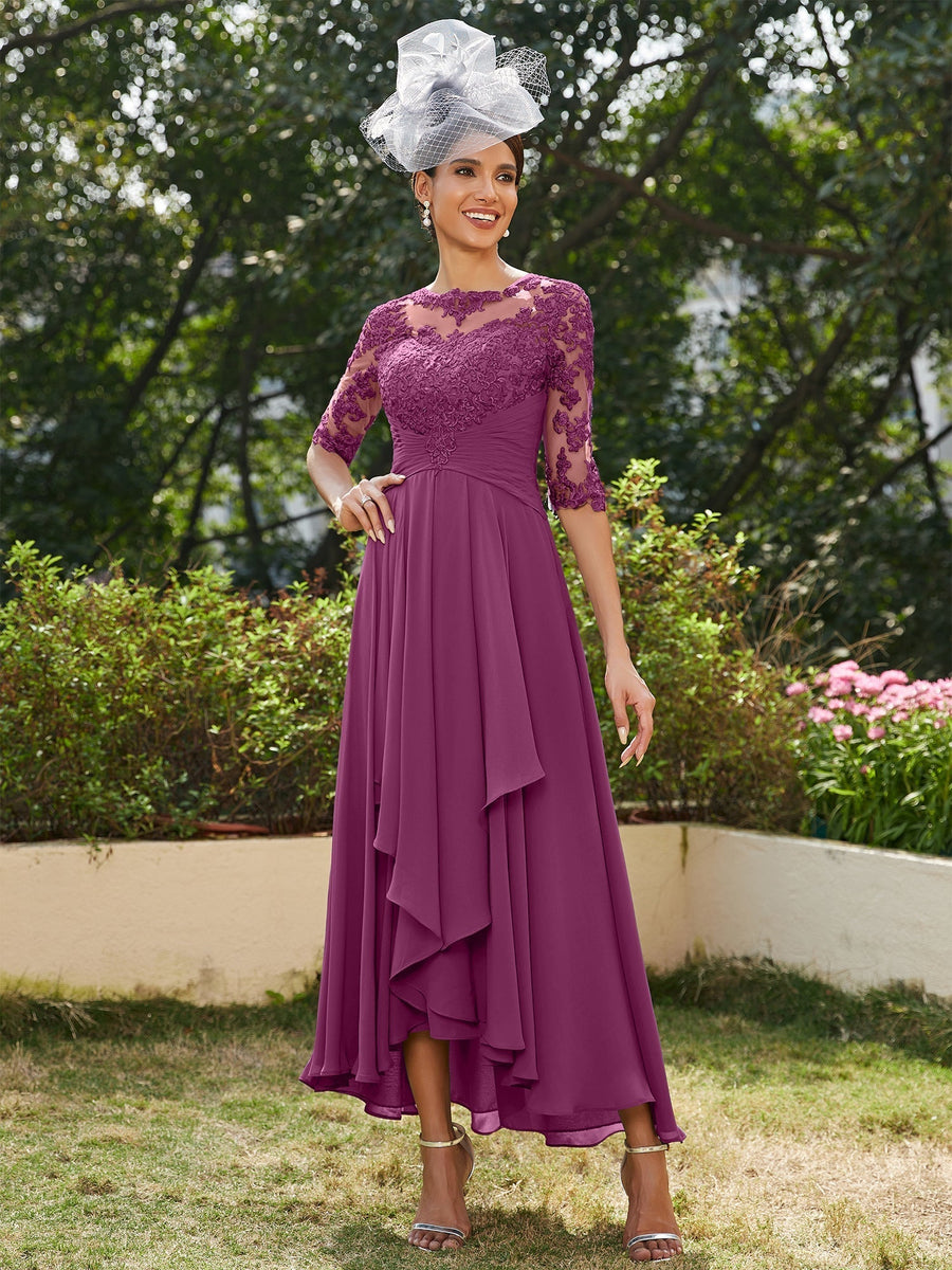 Vestidos Longos de Noite com Mangas Meio Comprimento e Gola Transparente Bordados em Estilo A-Line/Princesa