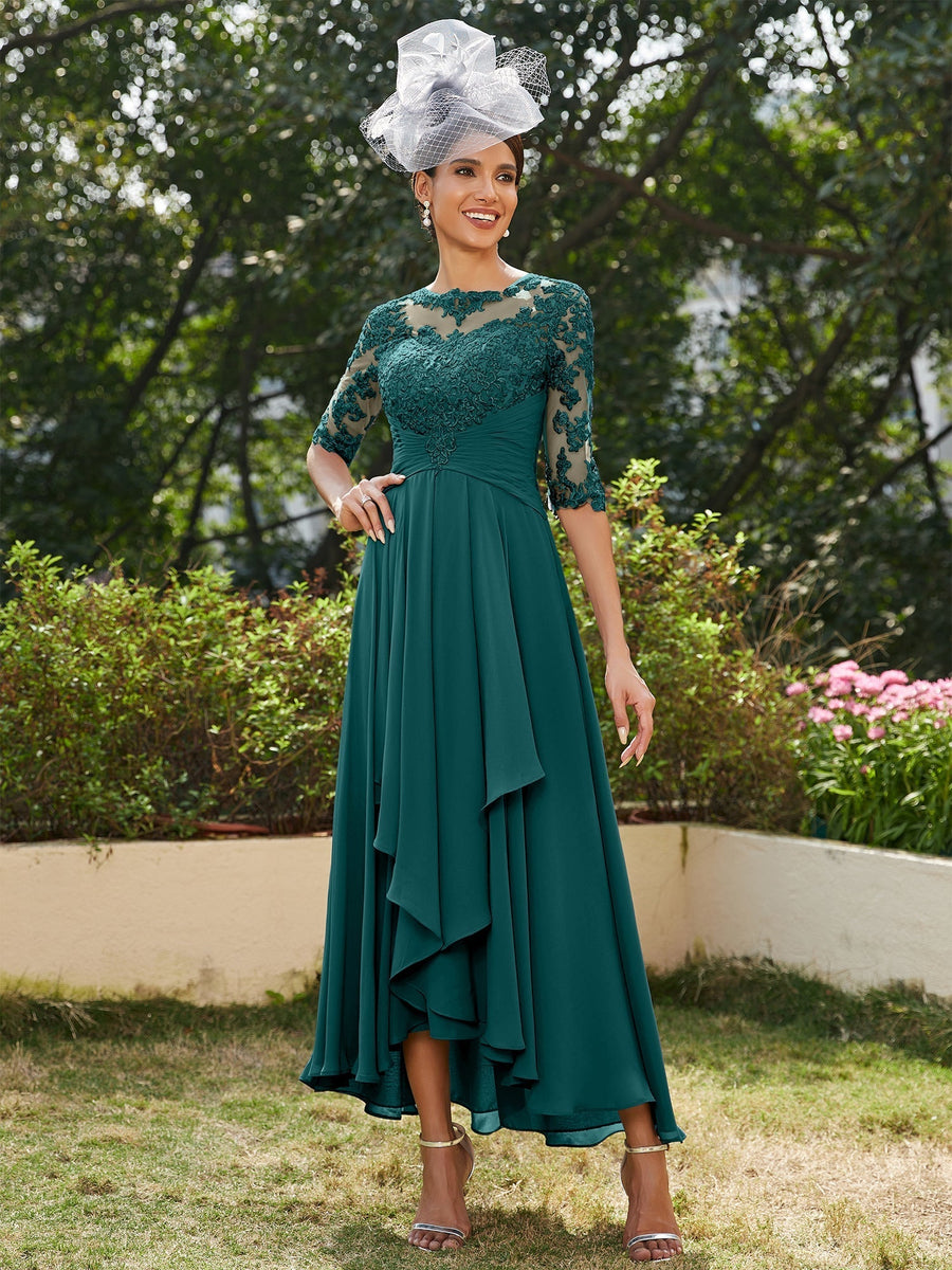 Vestidos Longos de Noite com Mangas Meio Comprimento e Gola Transparente Bordados em Estilo A-Line/Princesa