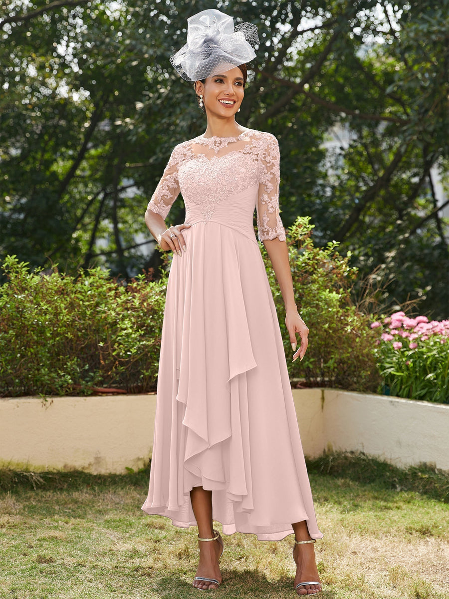 Vestidos Longos de Noite com Mangas Meio Comprimento e Gola Transparente Bordados em Estilo A-Line/Princesa