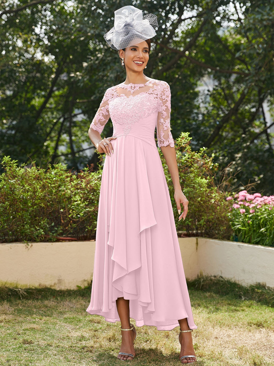 Vestidos Longos de Noite com Mangas Meio Comprimento e Gola Transparente Bordados em Estilo A-Line/Princesa