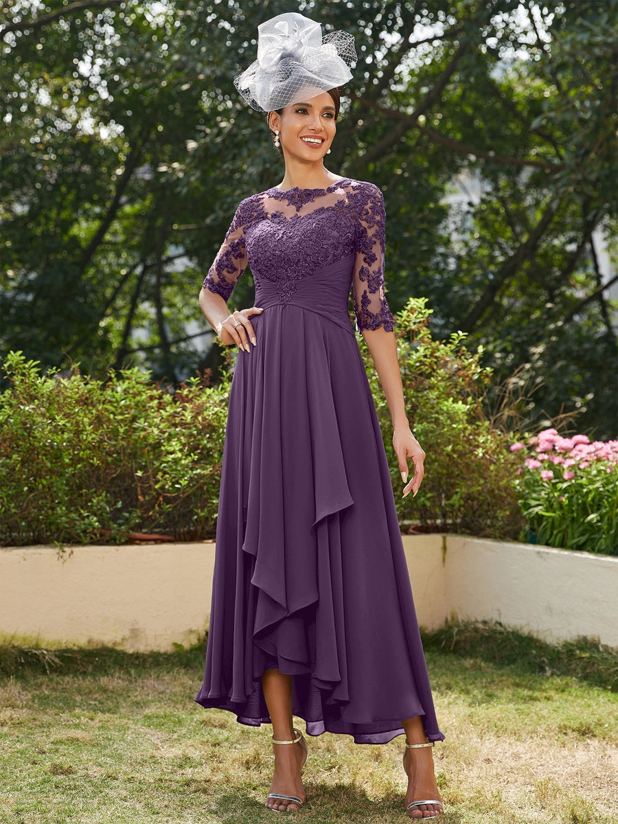 Vestidos Longos de Noite com Mangas Meio Comprimento e Gola Transparente Bordados em Estilo A-Line/Princesa