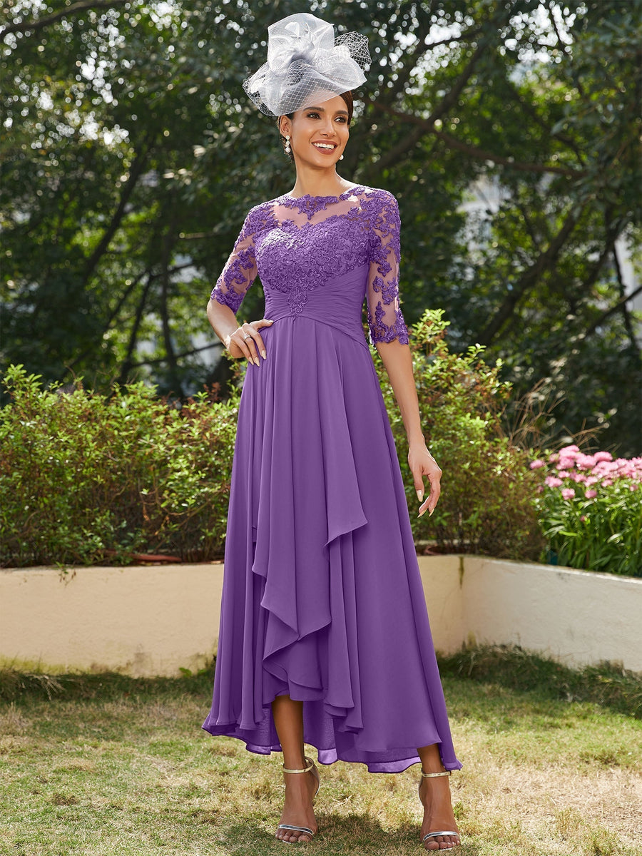 Vestidos Longos de Noite com Mangas Meio Comprimento e Gola Transparente Bordados em Estilo A-Line/Princesa