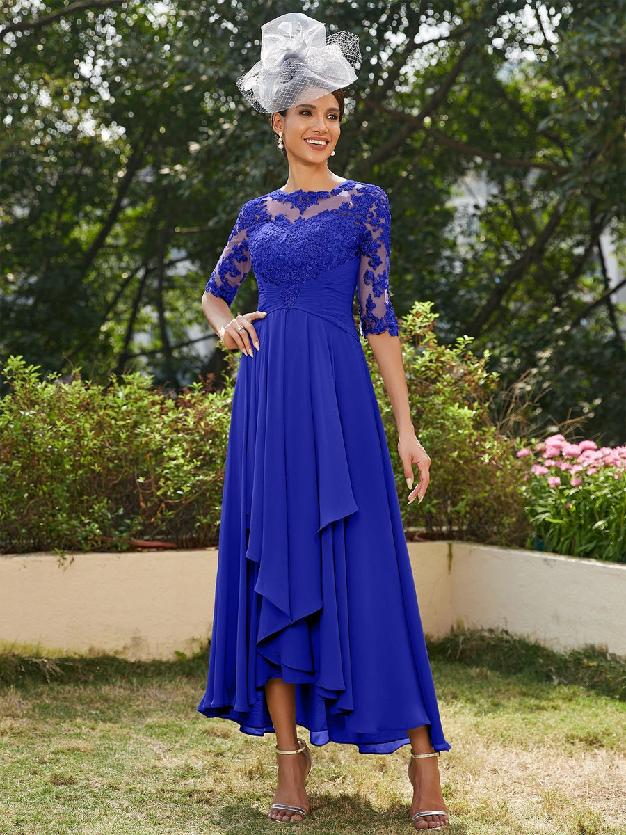 Vestidos Longos de Noite com Mangas Meio Comprimento e Gola Transparente Bordados em Estilo A-Line/Princesa