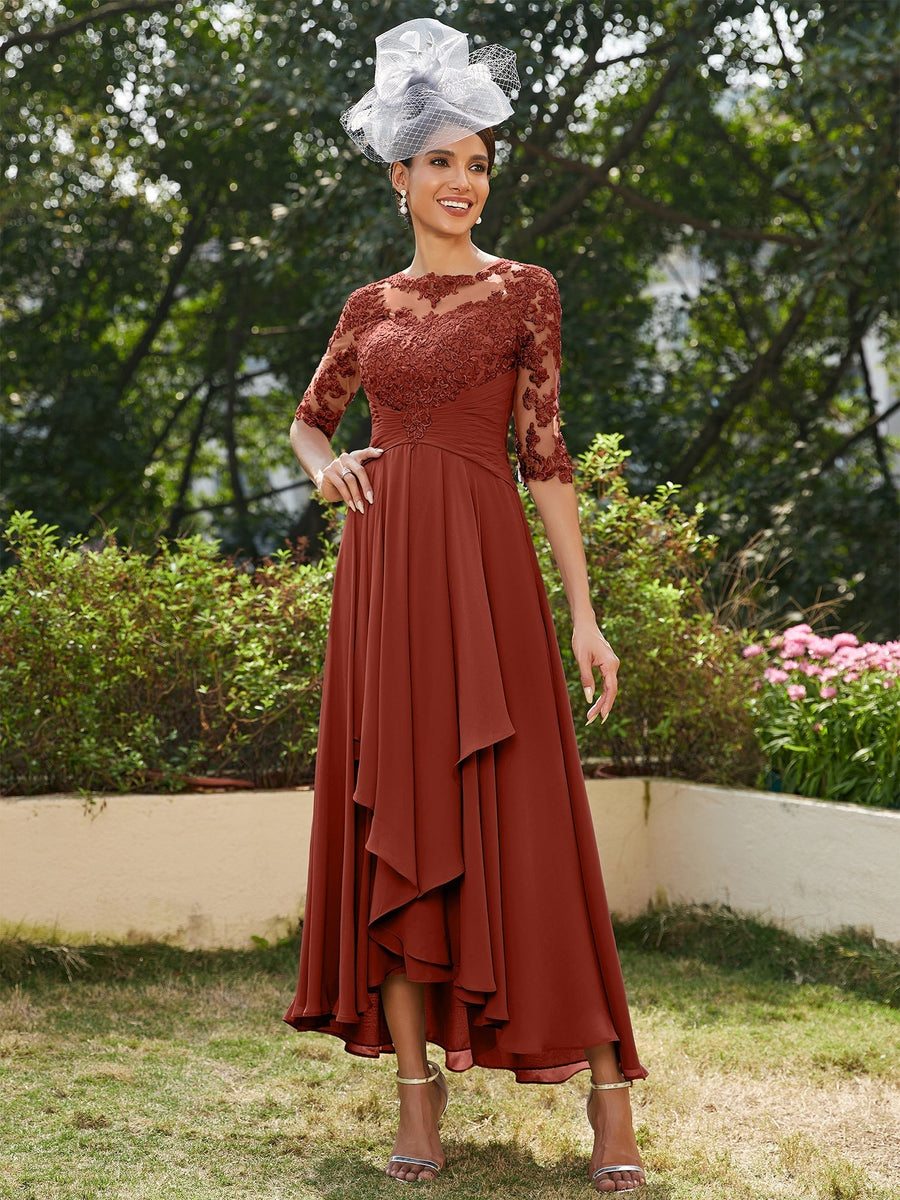 Vestidos Longos de Noite com Mangas Meio Comprimento e Gola Transparente Bordados em Estilo A-Line/Princesa