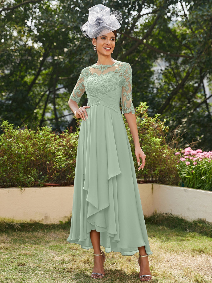 Vestidos Longos de Noite com Mangas Meio Comprimento e Gola Transparente Bordados em Estilo A-Line/Princesa