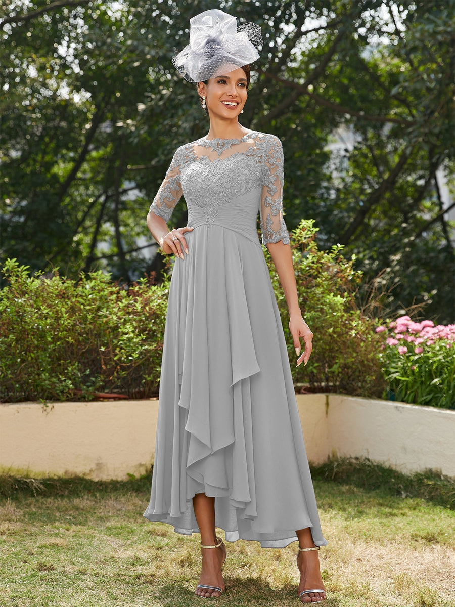 Vestidos Longos de Noite com Mangas Meio Comprimento e Gola Transparente Bordados em Estilo A-Line/Princesa