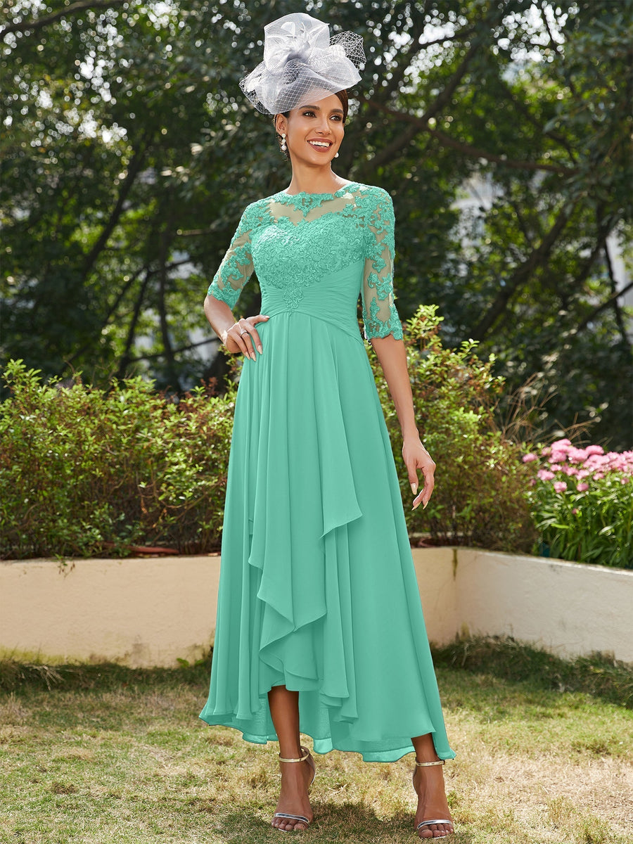 Vestidos Longos de Noite com Mangas Meio Comprimento e Gola Transparente Bordados em Estilo A-Line/Princesa