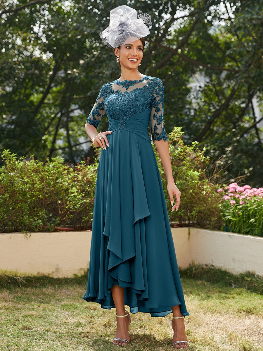 Vestidos Longos de Noite com Mangas Meio Comprimento e Gola Transparente Bordados em Estilo A-Line/Princesa