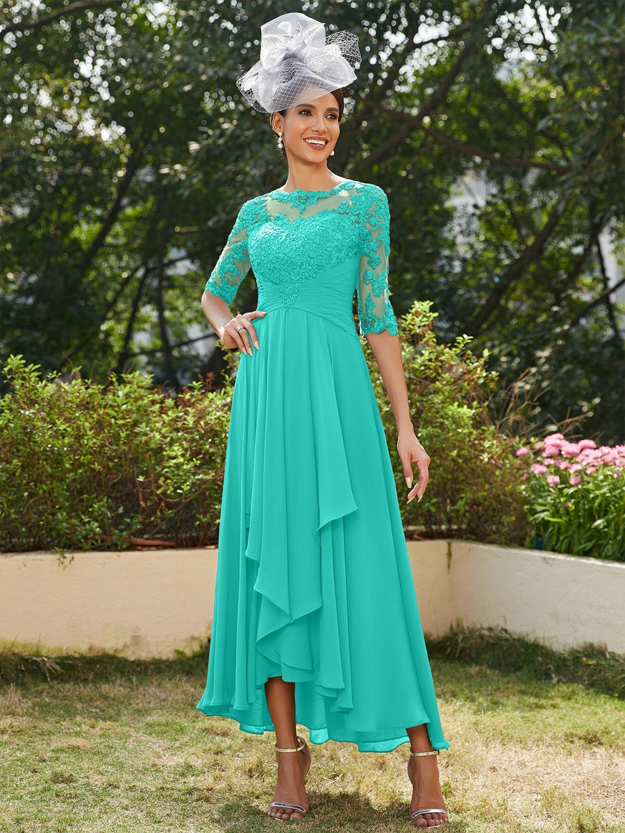Vestidos Longos de Noite com Mangas Meio Comprimento e Gola Transparente Bordados em Estilo A-Line/Princesa