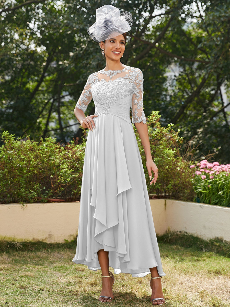 Vestidos Longos de Noite com Mangas Meio Comprimento e Gola Transparente Bordados em Estilo A-Line/Princesa