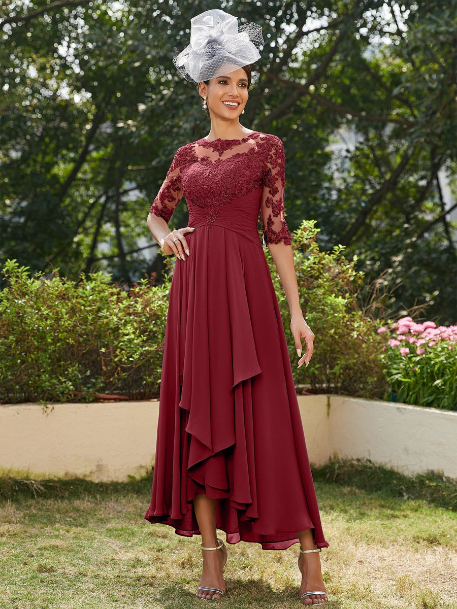 Vestidos Longos de Noite com Mangas Meio Comprimento e Gola Transparente Bordados em Estilo A-Line/Princesa