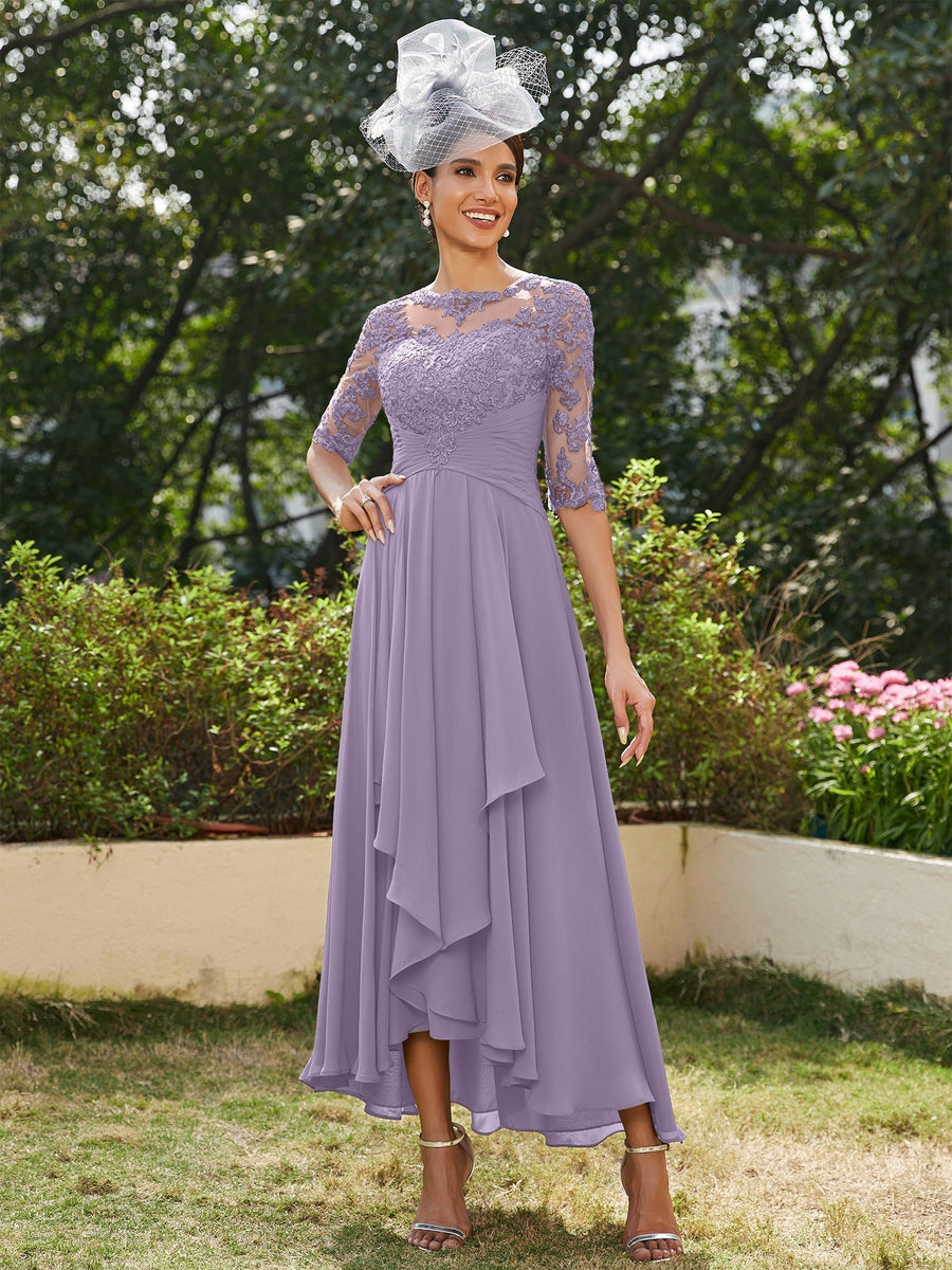 Vestidos Longos de Noite com Mangas Meio Comprimento e Gola Transparente Bordados em Estilo A-Line/Princesa