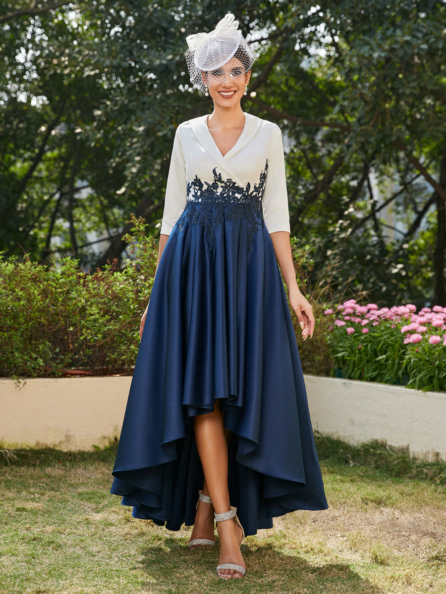 Vestidos Longos de Noite com Mangas Meio Comprimento e Gola em V Bordados em Estilo A-Line/Princesa