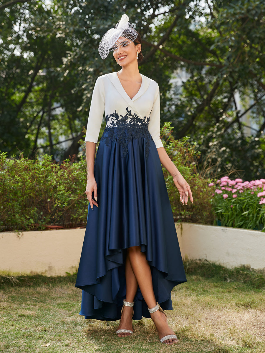 Vestidos Longos de Noite com Mangas Meio Comprimento e Gola em V Bordados em Estilo A-Line/Princesa