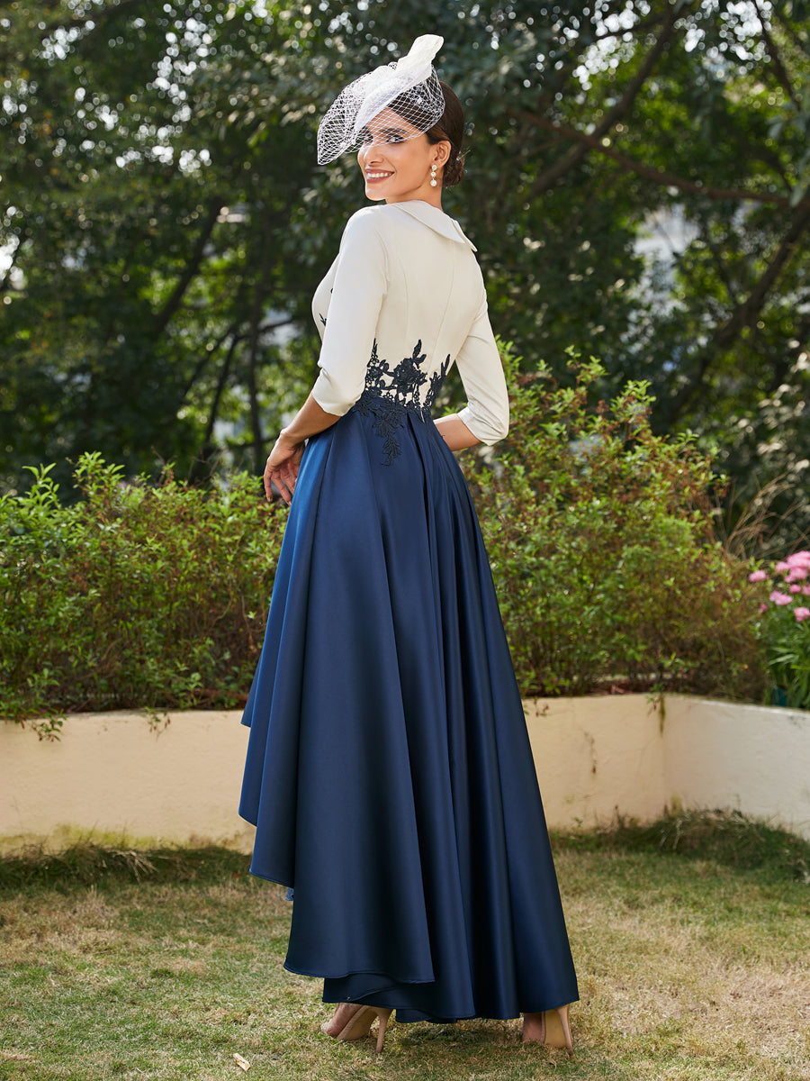 Vestidos Longos de Noite com Mangas Meio Comprimento e Gola em V Bordados em Estilo A-Line/Princesa