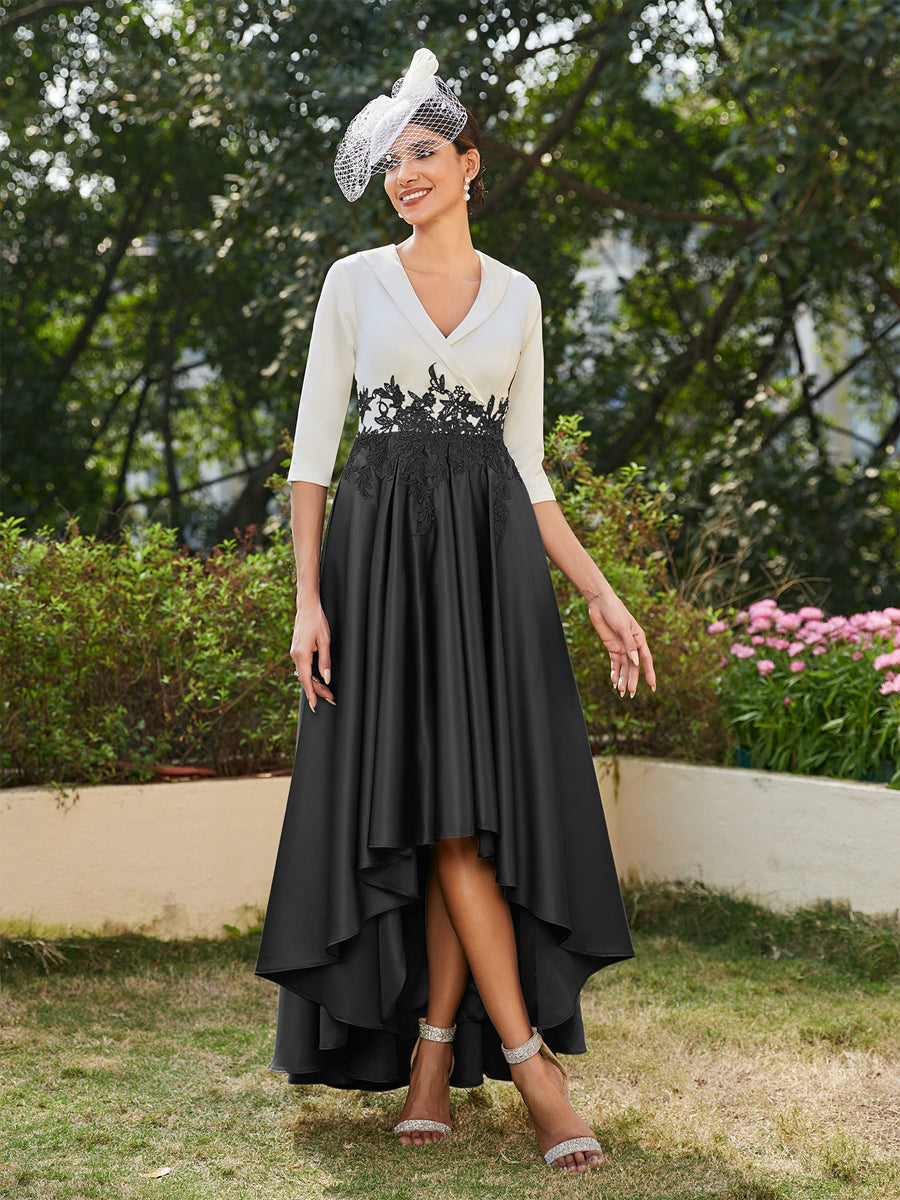 Vestidos Longos de Noite com Mangas Meio Comprimento e Gola em V Bordados em Estilo A-Line/Princesa