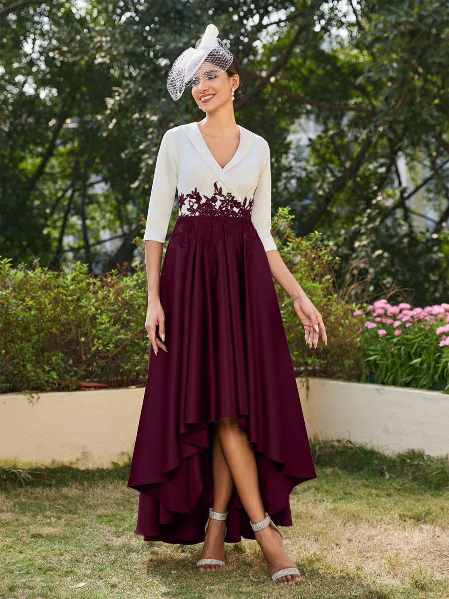Vestidos Longos de Noite com Mangas Meio Comprimento e Gola em V Bordados em Estilo A-Line/Princesa