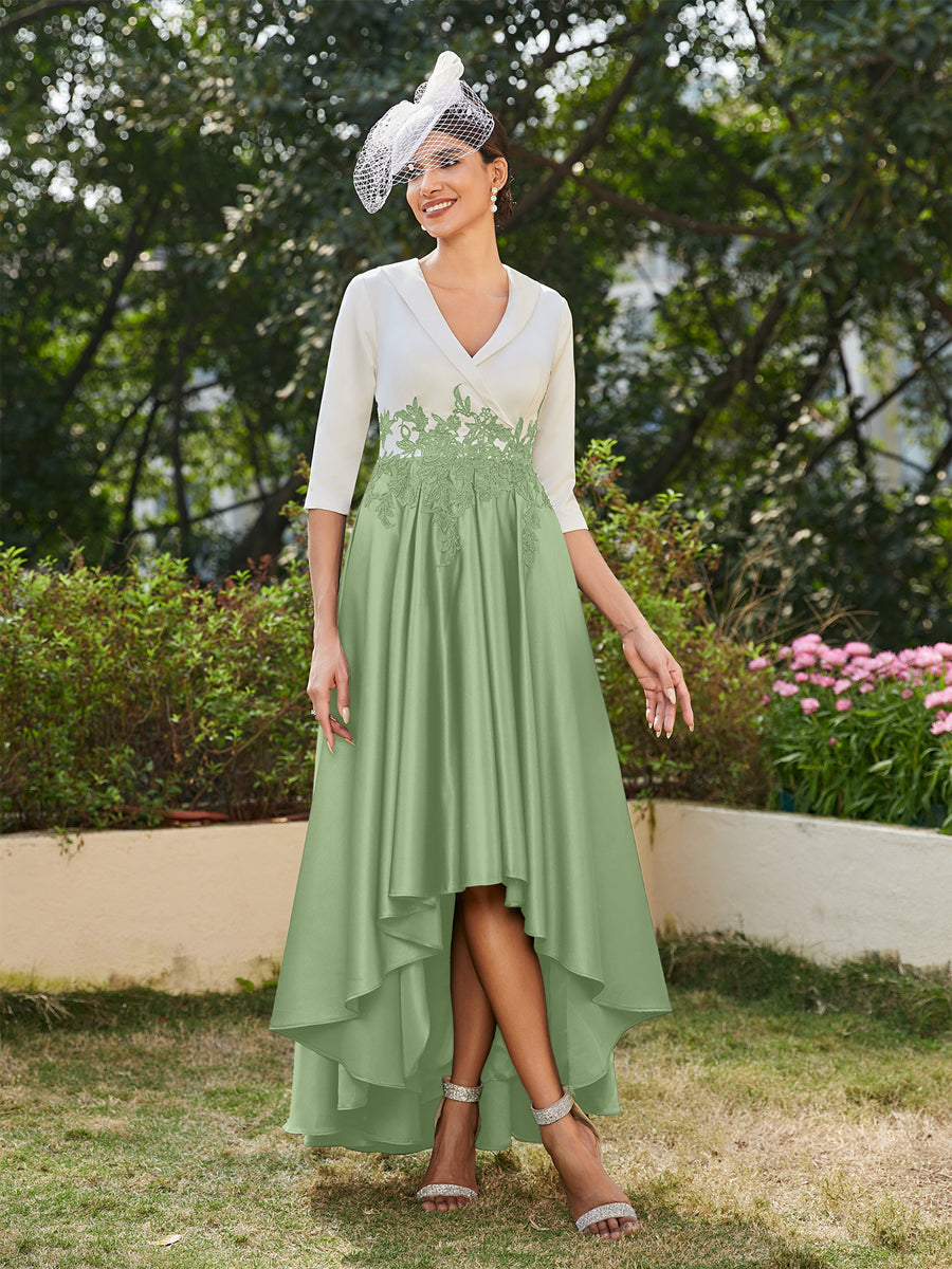 Vestidos Longos de Noite com Mangas Meio Comprimento e Gola em V Bordados em Estilo A-Line/Princesa
