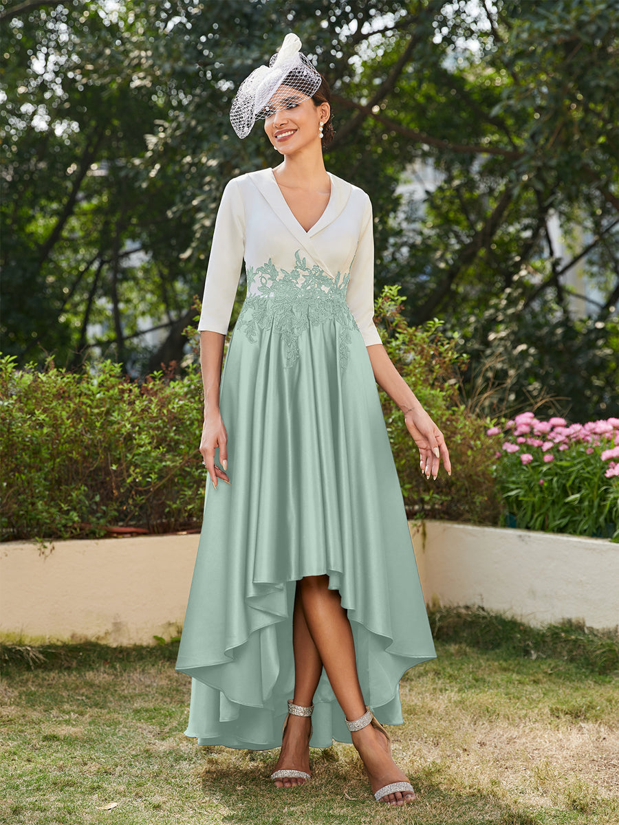 Vestidos Longos de Noite com Mangas Meio Comprimento e Gola em V Bordados em Estilo A-Line/Princesa
