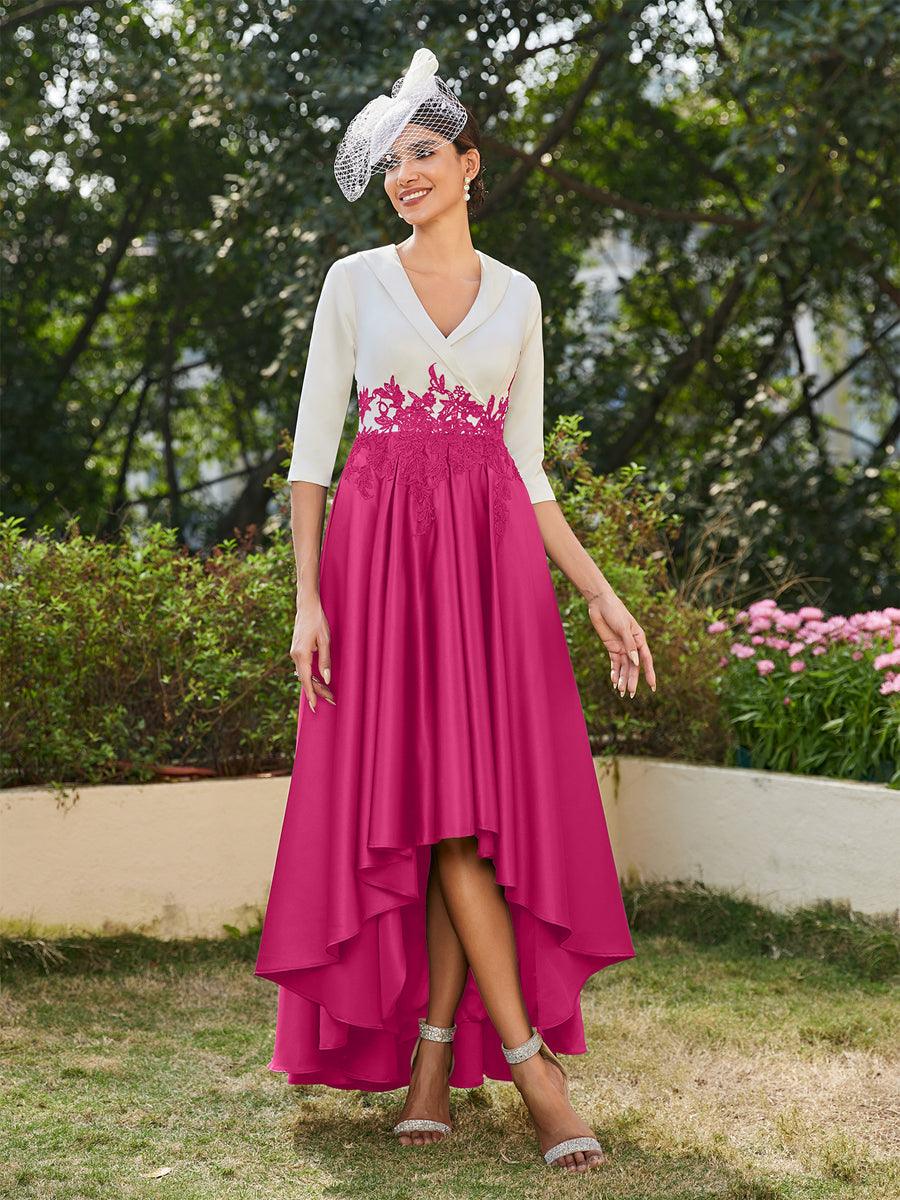 Vestidos Longos de Noite com Mangas Meio Comprimento e Gola em V Bordados em Estilo A-Line/Princesa