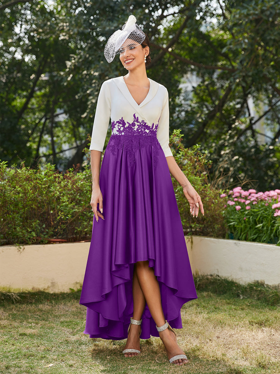 Vestidos Longos de Noite com Mangas Meio Comprimento e Gola em V Bordados em Estilo A-Line/Princesa