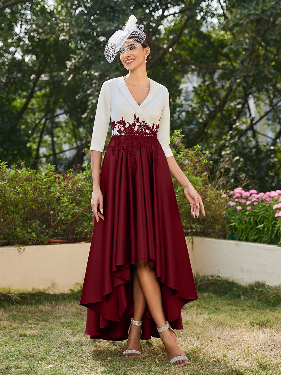 Vestidos Longos de Noite com Mangas Meio Comprimento e Gola em V Bordados em Estilo A-Line/Princesa