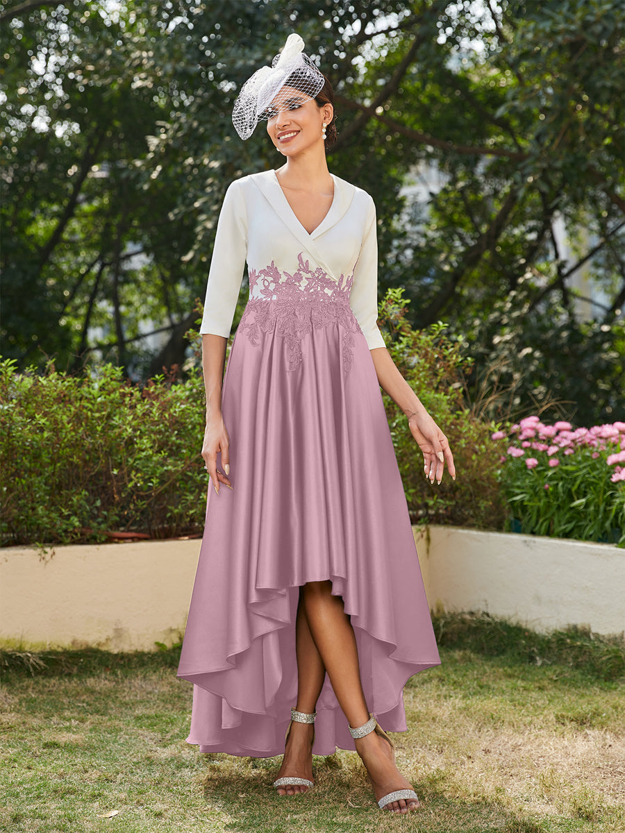 Vestidos Longos de Noite com Mangas Meio Comprimento e Gola em V Bordados em Estilo A-Line/Princesa