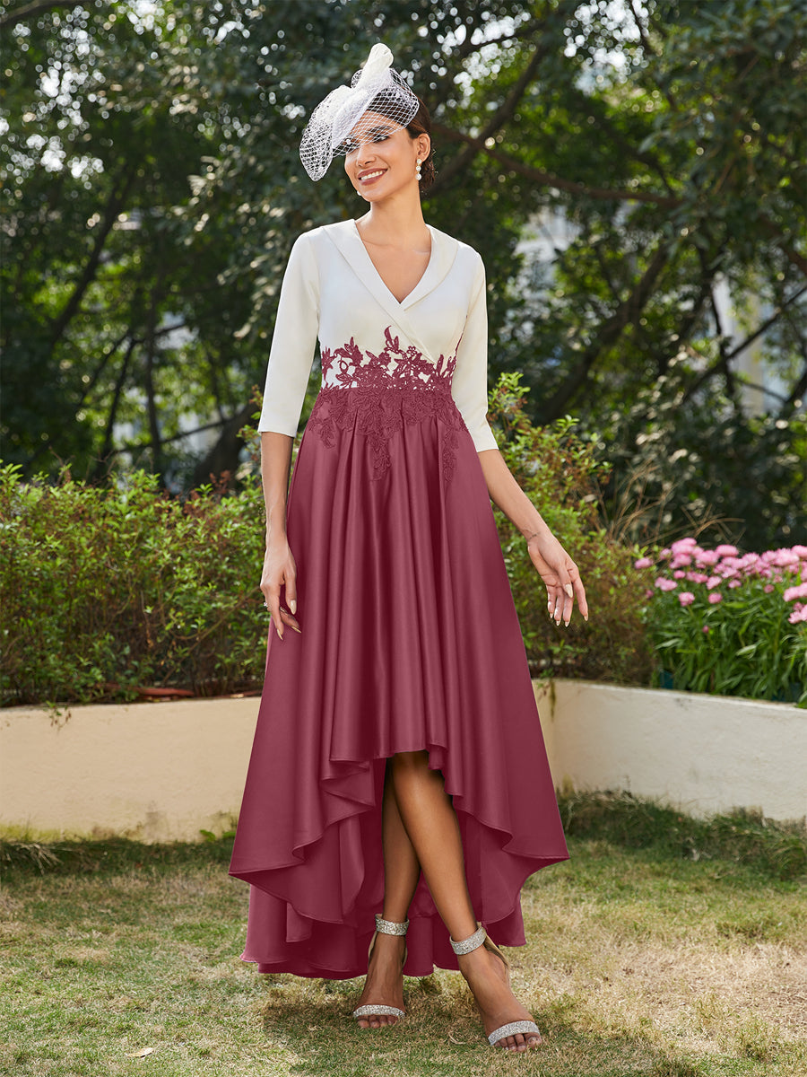 Vestidos Longos de Noite com Mangas Meio Comprimento e Gola em V Bordados em Estilo A-Line/Princesa