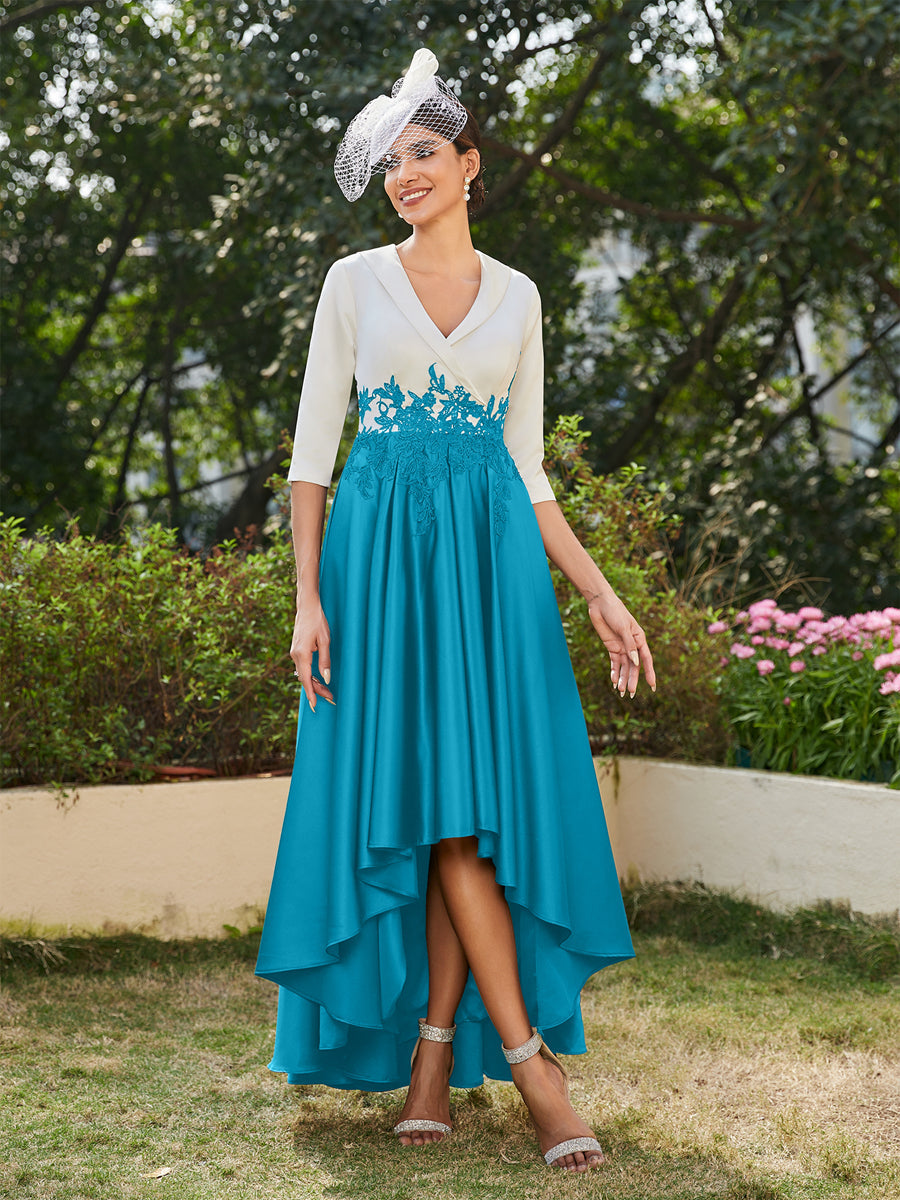 Vestidos Longos de Noite com Mangas Meio Comprimento e Gola em V Bordados em Estilo A-Line/Princesa