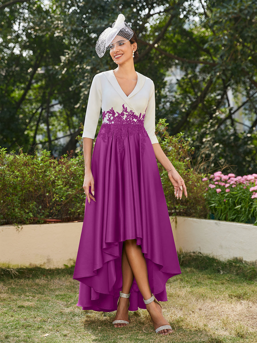 Vestidos Longos de Noite com Mangas Meio Comprimento e Gola em V Bordados em Estilo A-Line/Princesa
