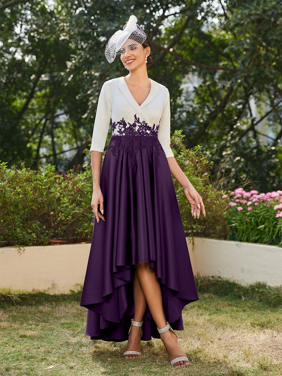 Vestidos Longos de Noite com Mangas Meio Comprimento e Gola em V Bordados em Estilo A-Line/Princesa