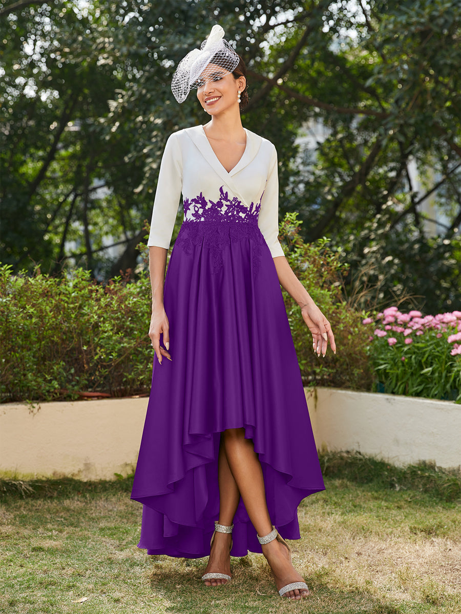 Vestidos Longos de Noite com Mangas Meio Comprimento e Gola em V Bordados em Estilo A-Line/Princesa