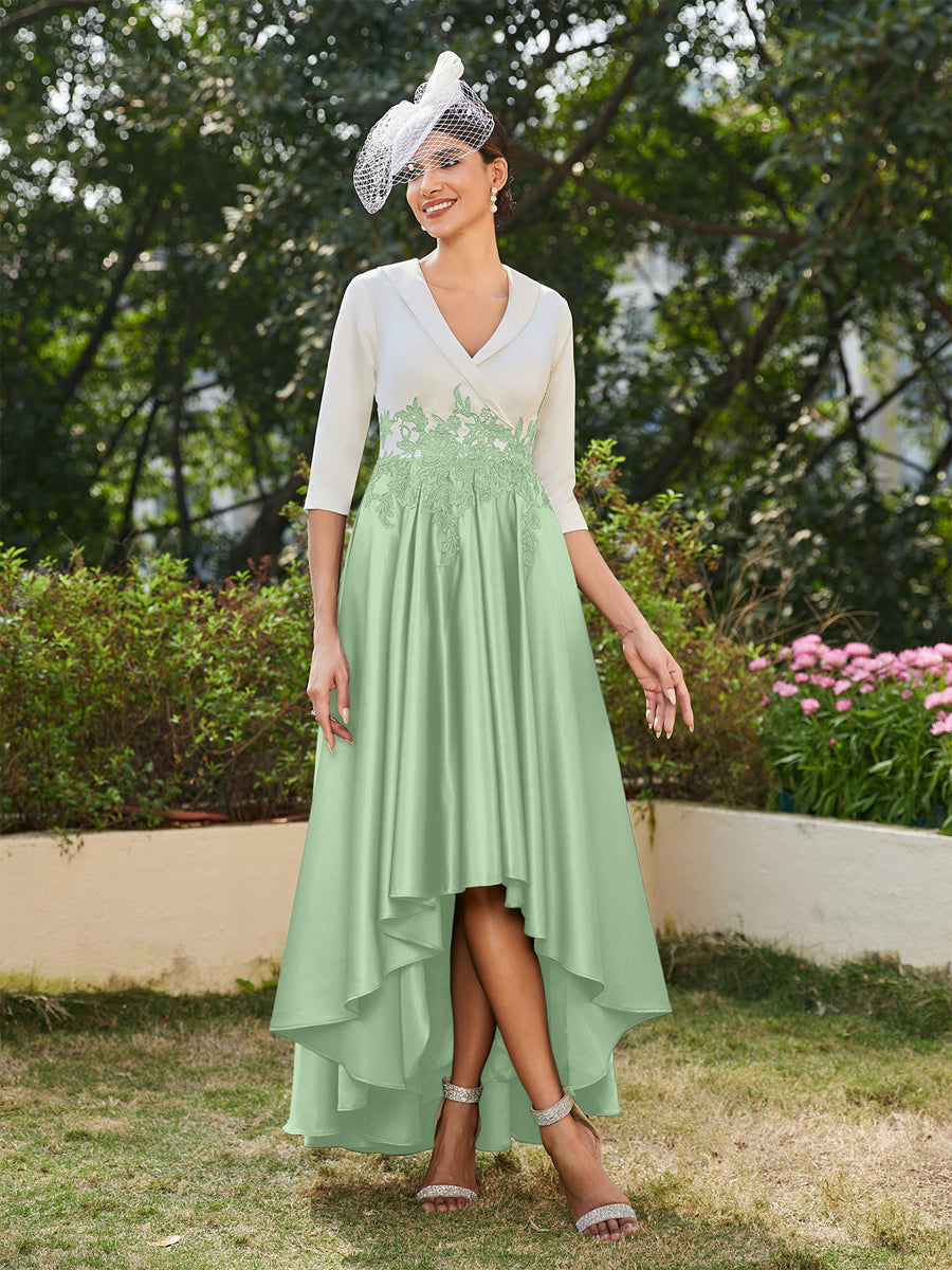 Vestidos Longos de Noite com Mangas Meio Comprimento e Gola em V Bordados em Estilo A-Line/Princesa