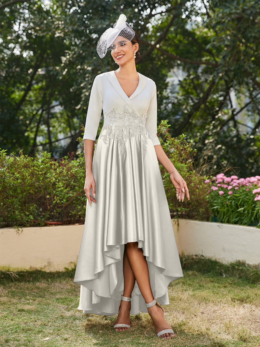 Vestidos Longos de Noite com Mangas Meio Comprimento e Gola em V Bordados em Estilo A-Line/Princesa
