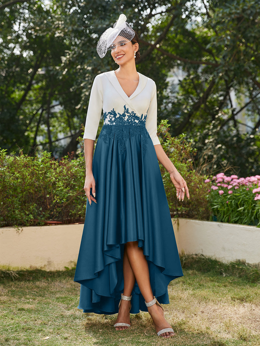 Vestidos Longos de Noite com Mangas Meio Comprimento e Gola em V Bordados em Estilo A-Line/Princesa