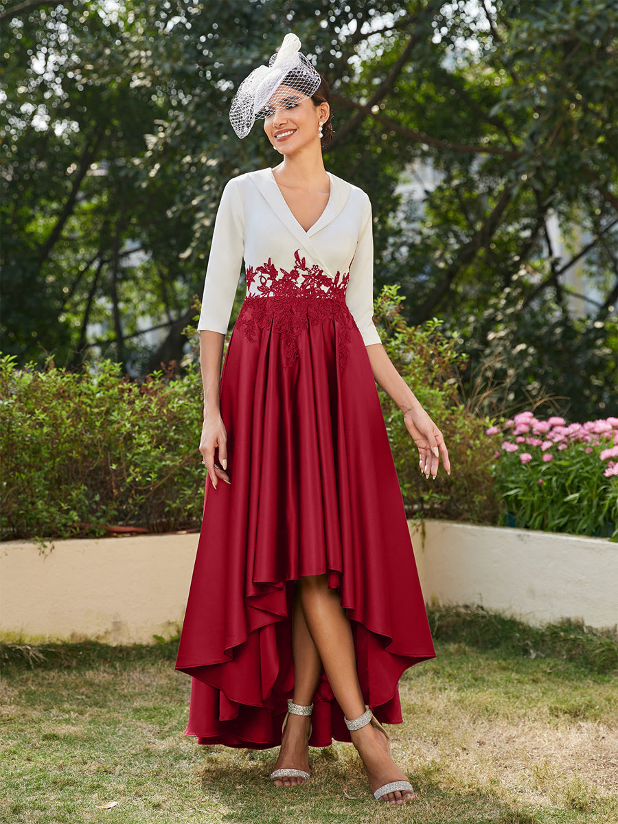 Vestidos Longos de Noite com Mangas Meio Comprimento e Gola em V Bordados em Estilo A-Line/Princesa